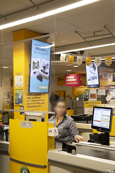 STAS barrier screen: Perfect for supermarkets, creating safe workspaces with clear visibility.